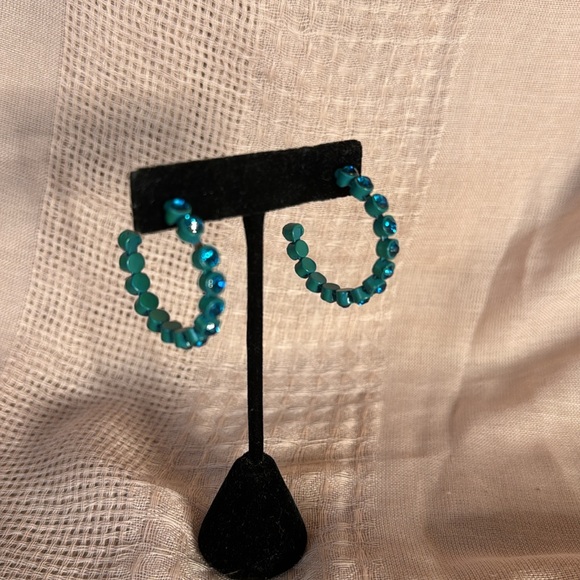 Teal Colored Rhinestone Hoop Earrings - Picture 11 of 11